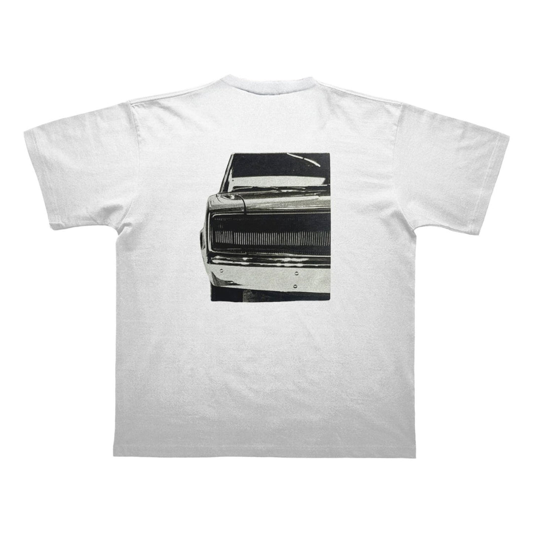 White t-shirt with a black and white car graphic on a white background